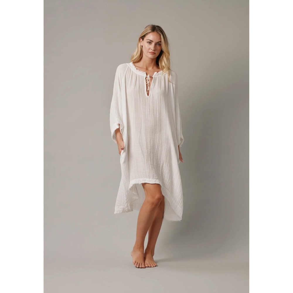9seed Women Sz S Kaftan Dress White Gauze Cotton Boho Coverup Beach Coastal